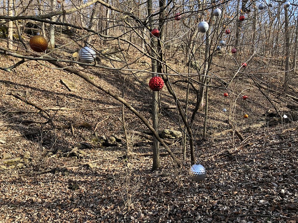 Christmas ornaments in the forest in Kansas City