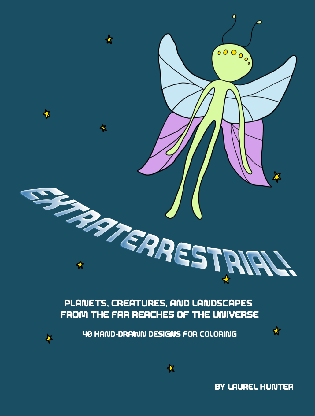 A coloring book cover with a picture of an alien and stars